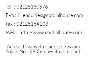 Cordial House Hotel iletiim bilgileri